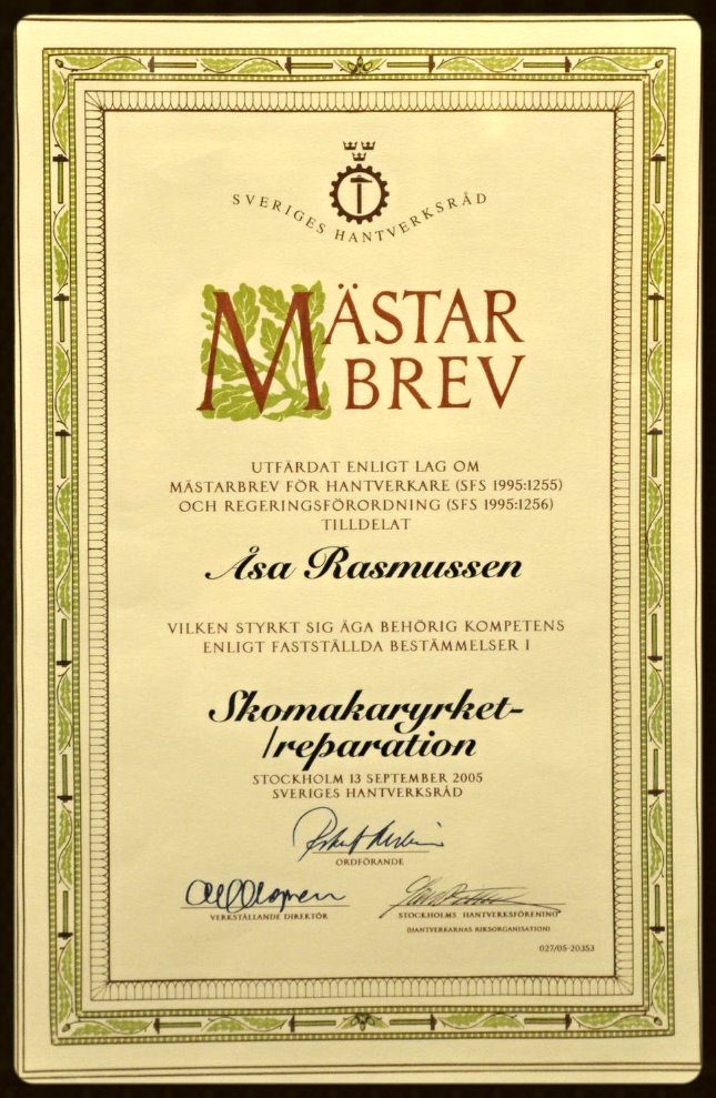 Åsa Rasmussens mästarbrev i skomakaryrket från 2005