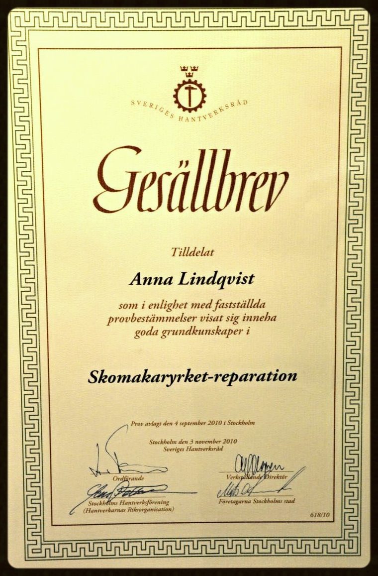 Anna Lindqvists gesällbrev i skomakaryrket från 2010